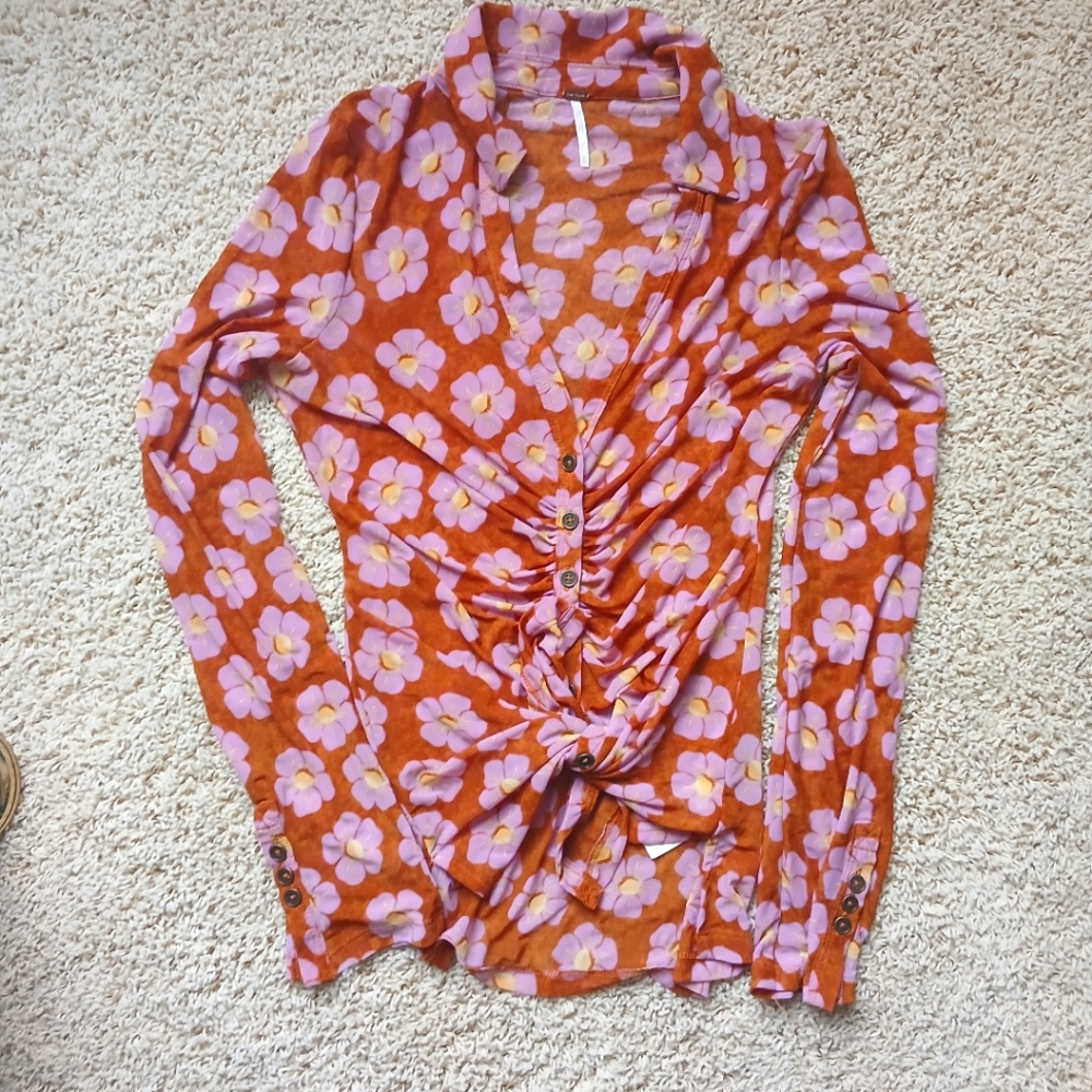 FREE PEOPLE mesh colorful button down top. Size small.